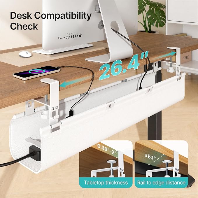 No Drill Under Desk Cable Management Tray, 31.5" Fabric Organizer | Clamp/Screw Premium Mount Cord Holder, for Power Strips, Adapters, with 2 Hooks & 1 Tie Roll for Home Office Gaming, White