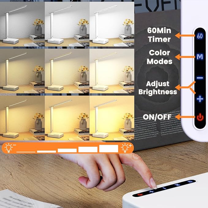 Desk Lamps for Home Office,Modern LED Desk Lamp for Dorm with USB Type C Port 2 AC Power Outlets,3 Lighting Mode,3 Level Brightness,Touch Control/Timer/Eye-Caring Foldable Table Lamp Study Desk Light