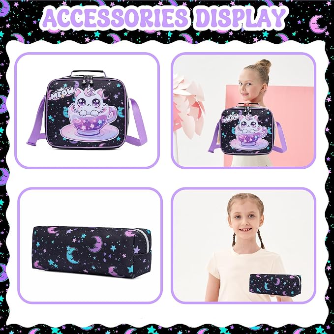 Meetbelify Backpack for Girls School Backpack with Lunch Box for Elementary Student Teen Girls Cute Cat School Bag Kids Bookbag for Girls 8-10 Purple