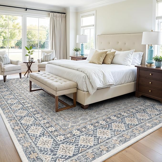 Washable Living Room Area Rug: 9x12 Large Super Soft Vintage Rugs Bedroom Oriental Indoor Rug Water Resistant Ultra Thin Carpet Non-Slip Backing Distressed Rugs for Kitchen (Blue, 9x12)