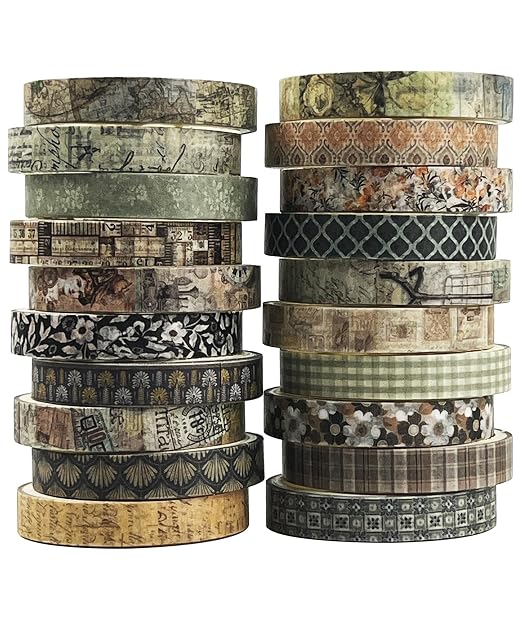 Vintage Skinny Floral Washi Tape Set 20 Rolls -Retro Antique Patterns Masking Thin Basic Decorative Tapes for Arts, DIY Crafts, Bullet Journal, Planner, Scrapbook Decor, Gift Wrapping, Junk Journal