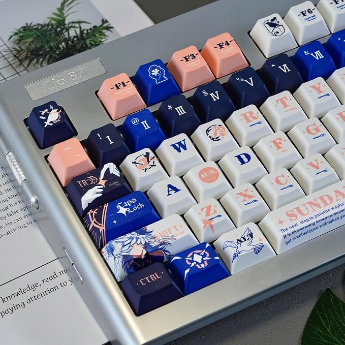 PBT Material Keycaps 130 Keys，Japanese Anime Style Keycaps Cherry Profile Dye Sublimation Keycap Blue White Custom Key Cap Set for Mechanical Keyboard 61/64/75/84/87/104/108 Layout