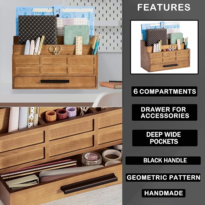 dreampossible Brown Wood Desk Organizer and Accessories with Drawer, Bill Mail Organizer and File Mail Holder for Office Supplies, Rustic Desk Accessories & Workspace Organizers