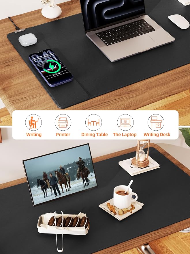 TopMade Mouse Pad with 15W Wireless Charging, XXL Large Leather Desk Mat, Waterproof Gaming Mousepad Home Office Desk Pad Protector, Black (Includes 20W PD Power Adapter & 6.56ft Woven Cable)