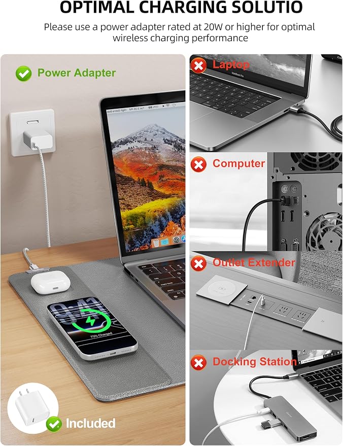 TopMade Mouse Pad with 15W Wireless Charging, XXL Large Leather Desk Mat, Waterproof Gaming Mousepad Home Office Desk Pad Protector, Gray (Includes 20W PD Power Adapter & 6.56ft Woven Cable)