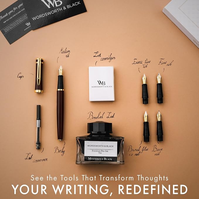 Wordsworth & Black Fountain Pen Gift Set, Includes Ink Bottle, 6 Ink Cartridges, A Refill Converter, 4 Replacement Nibs, Journaling, Calligraphy, Smooth Writing Pens [Brown Gold]