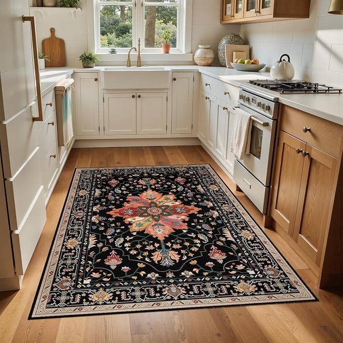 RELEANY Area Rugs 4'x6' Washable Non-Slip, Floral Vintage Distress Medallion Carpet for Living Room Bedroom Dining Room, Black Colorful Floral Dark Tan