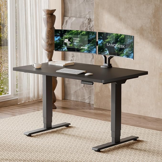 SANODESK Dual Motor Standing Desk 220lbs Height Adjustable Desk | 48"x30" Spacious One-Piece Black Desktop & Black Frame, 4 Memory Presets, 3-Stage Legs, 220lbs, 2-Box for Home & Office