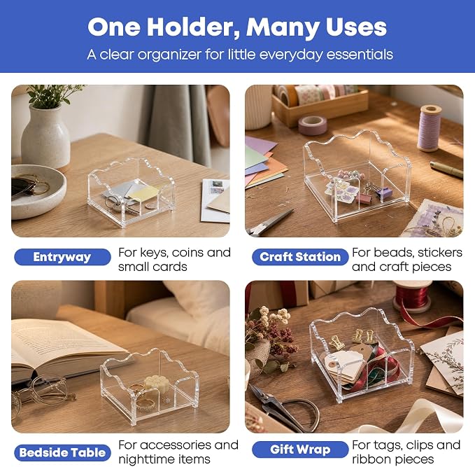 Scalloped Acrylic Sticky Note Holder - 2 Pack Clear Cute Notepad Holder, 3x3 Inch Wave Design Post It Dispenser Desk Organizers for Office & School