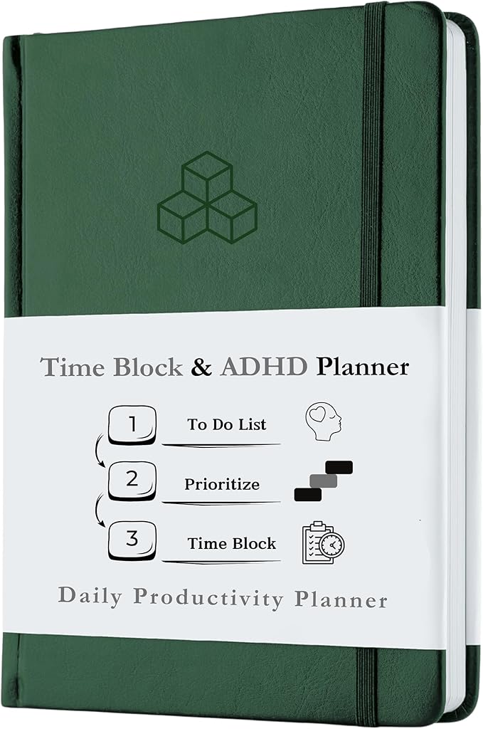 Time Blocking and ADHD Planner by Refine Days. 180 Undated Pages, To Do List, Hourly Schedule, Daily and Monthly Agenda. Time Management & Productivity Notebook. A5 (Green)