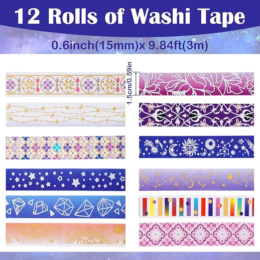 12 Rolls Galaxy Washi Tape Set Purple Stars Decorative Tapes Silver Gold Foil Masking Tape for Scrapbook Bullet Journal Planner DIY Art Craft Party Decor Gifts Wrapping