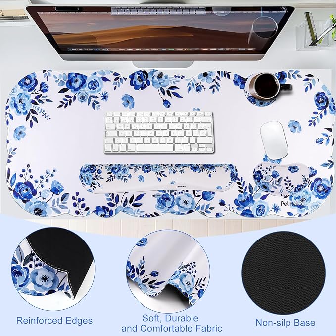 Petmolico Desk Pad Set with Wrist Rest for Keyboard & Mouse, Blue Flower | Anti-slip PU base, durable Lycra & memory foam, relieves wrist fatigue, perfect for work, home & daily use