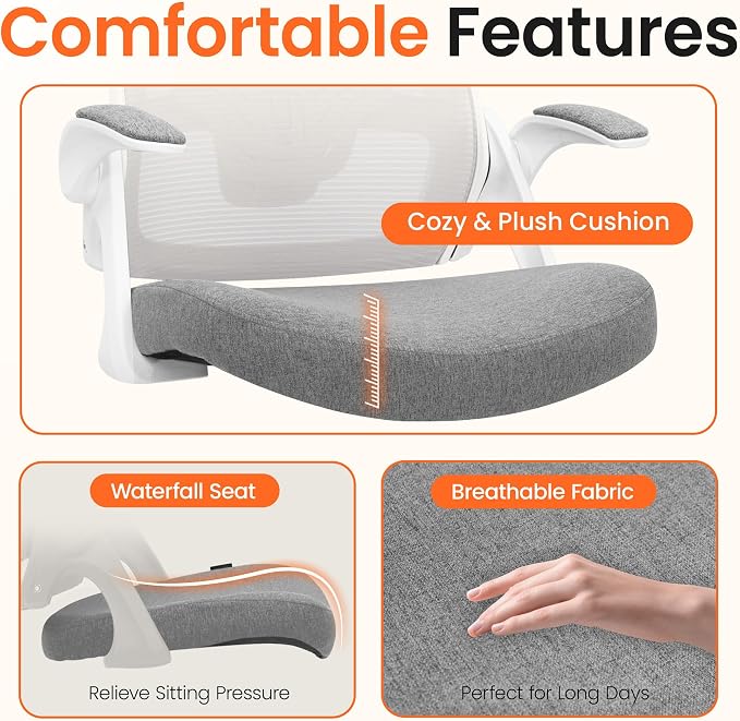 NEO Chair Office Chair High Back Desk Mesh Chair Comfy Computer Gaming Seat with Adjustable Ergonomic Lumbar Rolling Flip-up Armrests and Wheels (Grey)