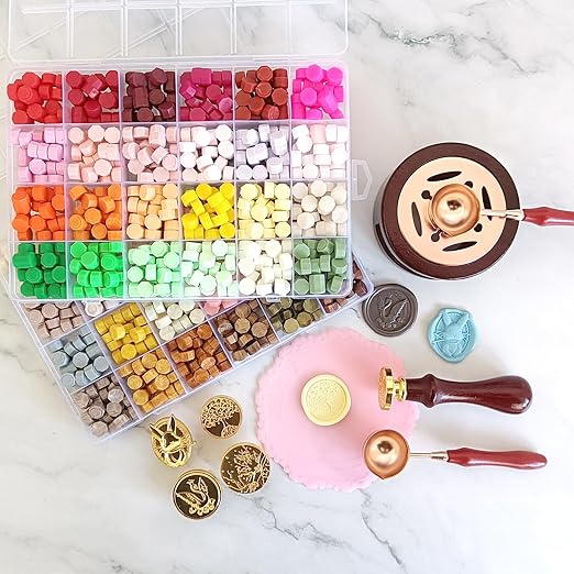 Upgraded Wax Seal Stamp Kit,Wax Seal Kit with Storage Box,48 Color 1200 Pcs Sealing Beads with 4 Pcs Seal Stamps,Warmer,Spoon,Envelopes, Candles, Metallic Pen for Wedding Invitation,DIY Crafts