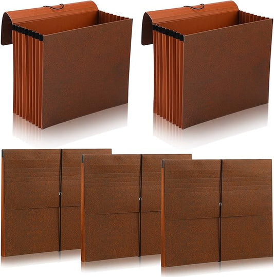 PerKoop 5 Pcs Expanding File Folder with Flap 7 Inch Expansion Expanding File Wallet with Elastic Cord Closure Letter Size Heavy Duty Document Organizer, 10 Slots, Brown