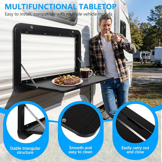 32x18inch Foldable RV Tables with Locking Latches Wall Mounted Desk Kit Large Capacity Lockable External Table for Caravans/Vans/Truck Campers/Travel Trailers