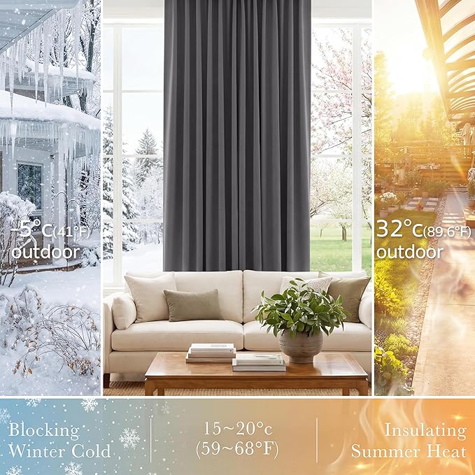 PONY DANCE Window Draperies Set - 42 by 90 inch, Grey Blackout Curtains Back Tab/Rod Pocket Light Blocking Curtain Panels Thermal Insulated Decoration for Bedroom, Double Pieces
