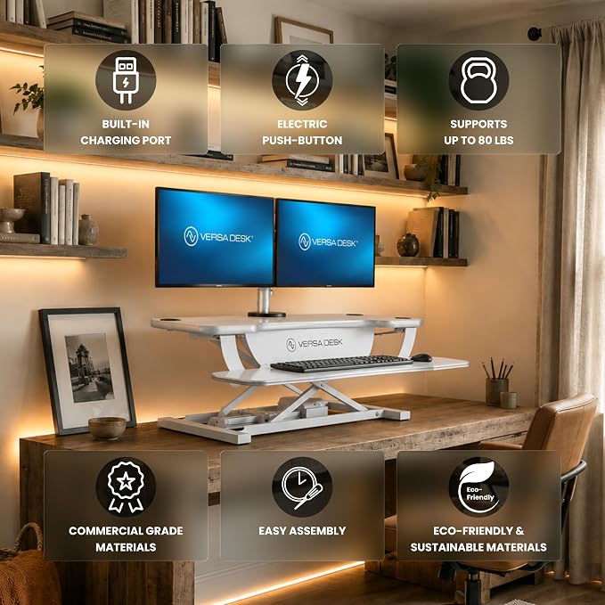 VERSADESK PowerPro 40 Inch Electric Standing Desk Converter – Push-Button Height Adjustable Sit to Stand Desk Riser for Triple Monitors & Laptop – Motorized Desktop Workstation with Wide Keyboard Tray
