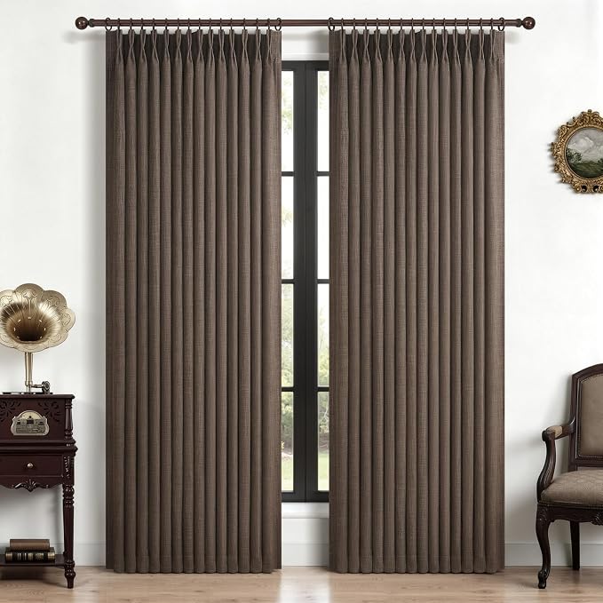 PleatedDrapes Dark Brown Blackout Curtains 86 Inches Long for Kids Bedroom, Memory Shape Pleat Two Layer Flax Linen Thermal Noise Reducing Modern Viral Drapes for 84-86 Inch Length Windows Panels of 2