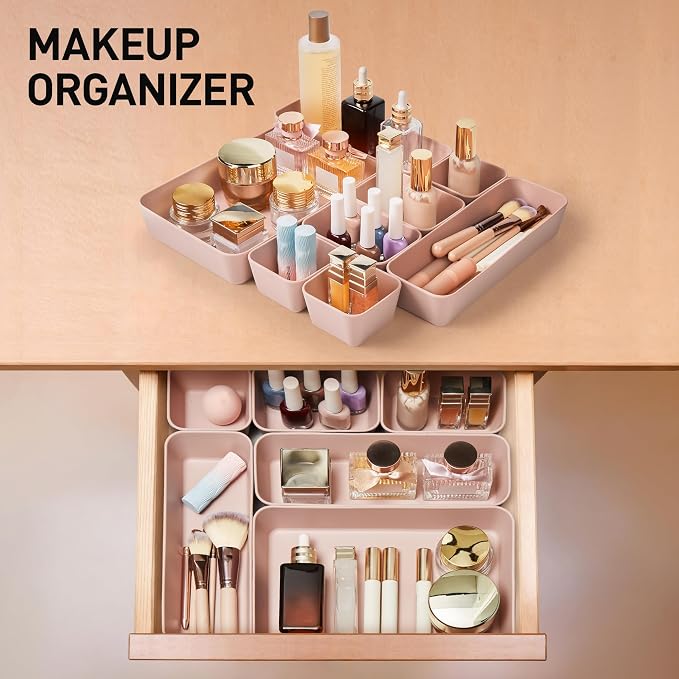 ISSEVE 8Pcs Silicone Drawer Organizer Trays for Bathroom, 4 Sizes, Black | For Vanity, Desk, Nightstand, Makeup, Jewelry, Toiletries, and Office Small Items, Nesting Organizer Trays, Drawer Organizer