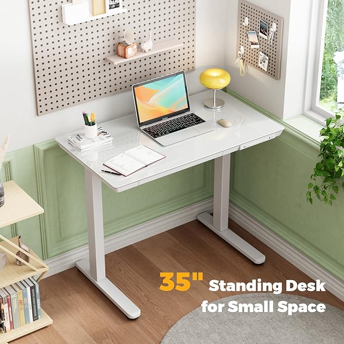 Glass Electric Standing Desk with Drawer, 35" x 20" Whole Piece Small Sit Stand Table, Height Adjustable Desk with Storage & USB Ports, Quick Install Home Office Computer Desk, White