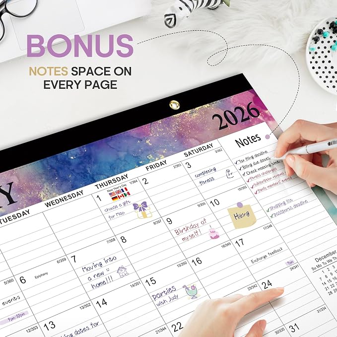 Desk Calendar 2026, 18 Months Calendar Runs from January 2026 to June 2027 - Large 17" x 12" Desktop/Wall Monthly Calendar for Home School, or Office - Gilded Elegance