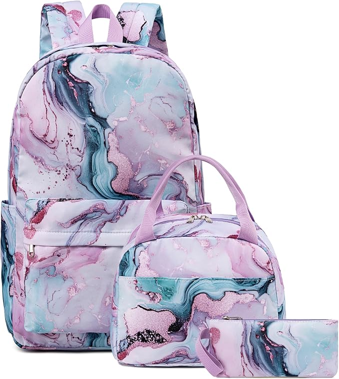Bluboon Teens Backpack Set Girls School Backpack Lunch Box Pencil Bags Student Bookbags 3 in 1 (Green Marble)