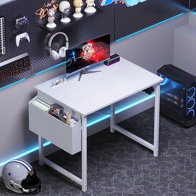 OLIXIS Small Computer Desk, 31 Inch Home Office Desks, Writing Study Craft Work Gaming Table, Computer Workstation for Bedroom Small Spaces with Storage Bag and Headphone Hook, White