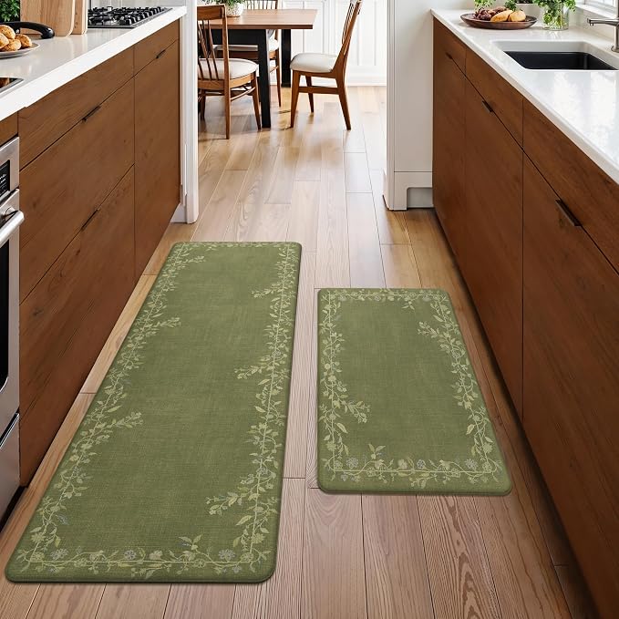 GENIMO Anti Fatigue Kitchen Mats for Floor 2PCS, Cushioned Standing Mats | 17.3"x59"&17.3"x30", Soft Green vintage floral rug set, waterproof, non slip, easy-clean for farmhouse