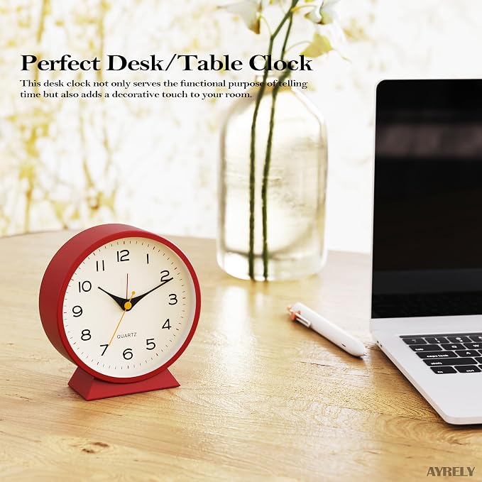AYRELY® 4.5" Analog Alarm Clock, Small Retro Desk Clock and Table Clock | Battery Operated, Silent Metal Table Clock with Light for Living Room Decor, Bedroom, Bedside and Shelf (Red)
