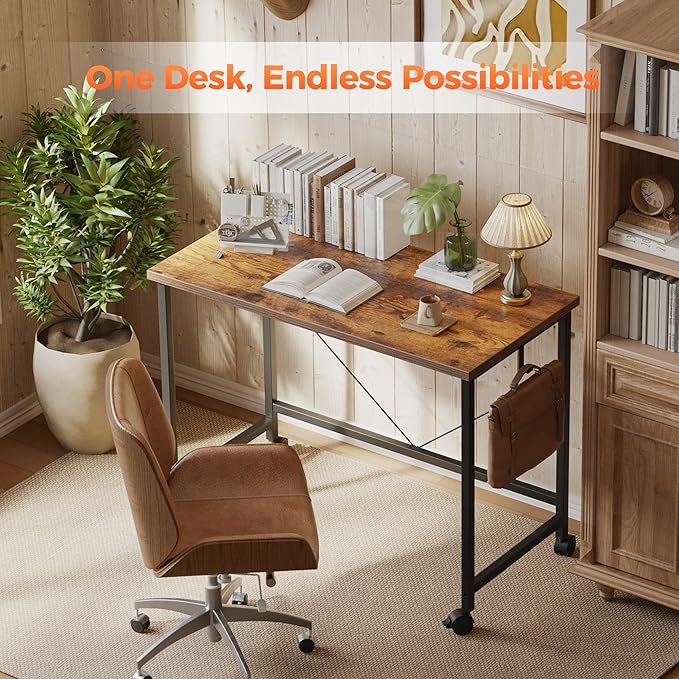 Mericonia 48 inch Rolling Computer Desk with Wheels, Gaming Desk for Small Spaces, Modern Simple Style Table for Home Office, Study Writing Table