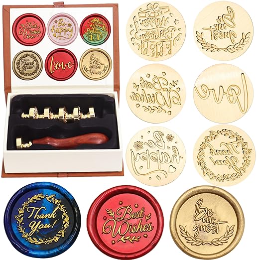 SWANGSA Phrases Wax Seal Stamp Set, Vintage 6 Pcs Sealing Wax Stamp Heads and 1 Wooden Handle for Wedding, Party Invitations, Letters, Envelopes, Christmas