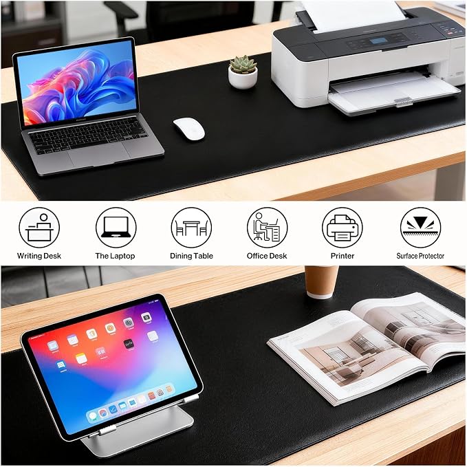 POCHAR Vegan Leather Desk Mat 31" x 16" - Desk Pad Protector for Desktop | Non-Slip PU Leather Dual-Sided Office Desk Blotter for Laptop Mouse Keyboard - Waterproof Writing Signing Pad, Black