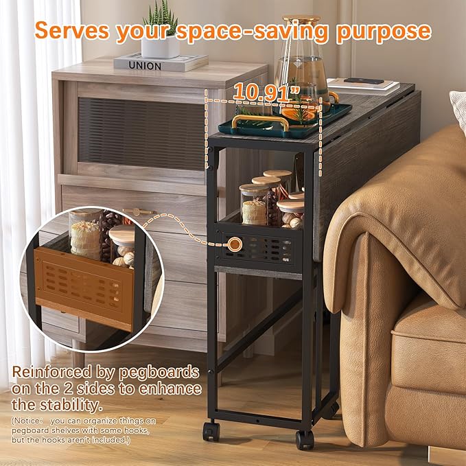 Gezen Folding Desk With Storage Shelf, Small Rolling With Wheels, Mobile Couch Sofa Side Table Bed for Home Office Small Space, Dark Grey, 39.4"