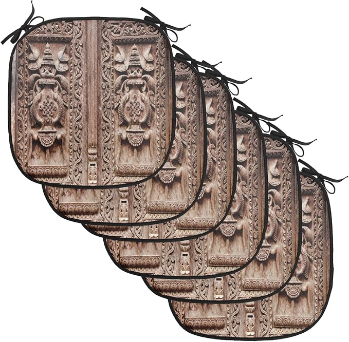 Lunarable Rustic Chair Cushion Pads Set of 6, Wooden Carved Door Image Detailed Kathmandu Cultural Facade Print, Anti-Slip Seat Padding for Kitchen & Patio, 16"x16", Brown