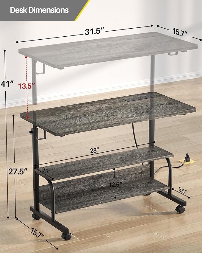 Armocity Rolling Standing Desk with Charging Station, Portable Height Adjustable Mobile Computer Desk with Wheels & 2-Tier Shelves & Hooks, Easy Assembly Laptop Table for Couch Bed, 32" Grey Oak