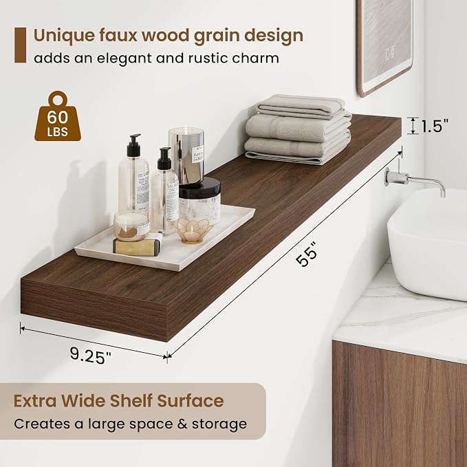 Marsmiles 55in Floating Shelves for Wall, 55" W x 9.25" D x 1.5" H, Long Wall Mounted Engineered Wood Shelves with Invisible Brackets for Living Room, Bedroom, Bathroom, Kitchen, Walnut, 2Pcs