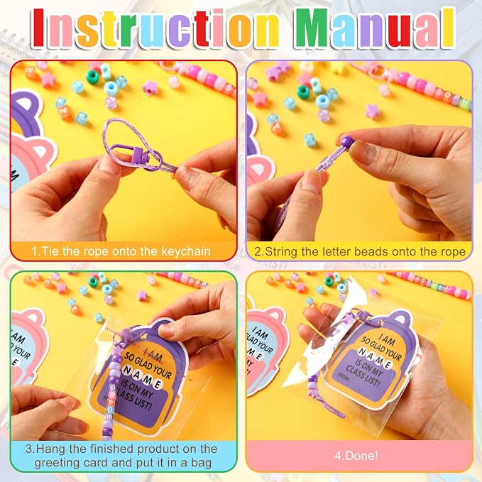 Suncalla 984 Pcs 24 Set Back to School DIY Bead Keychain Making Kit Key Chain Crafts Adjustable Letter Beads Cards Strings Kit Welcome First Day Gift Jewelry Making Supplies Party Favors