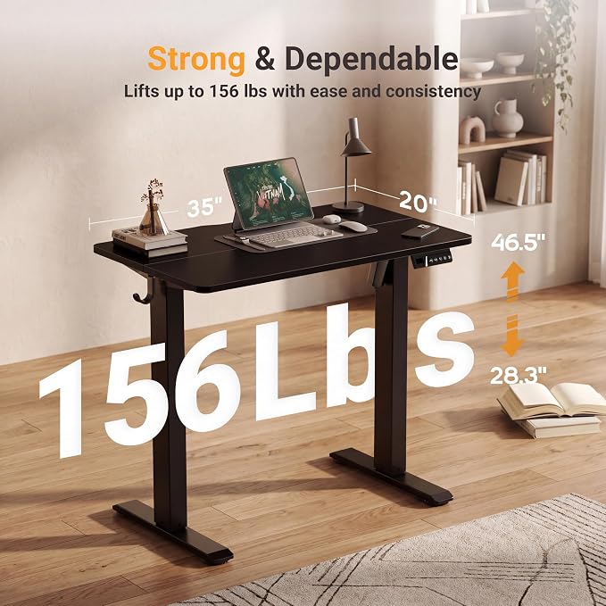 Claiks Electric Standing Desk 35x20 Inch Adjustable Desk, Black | 156lbs weight capacity, 3 memory presets, industrial steel frame, cable management hub, adjustable height , easy assembly