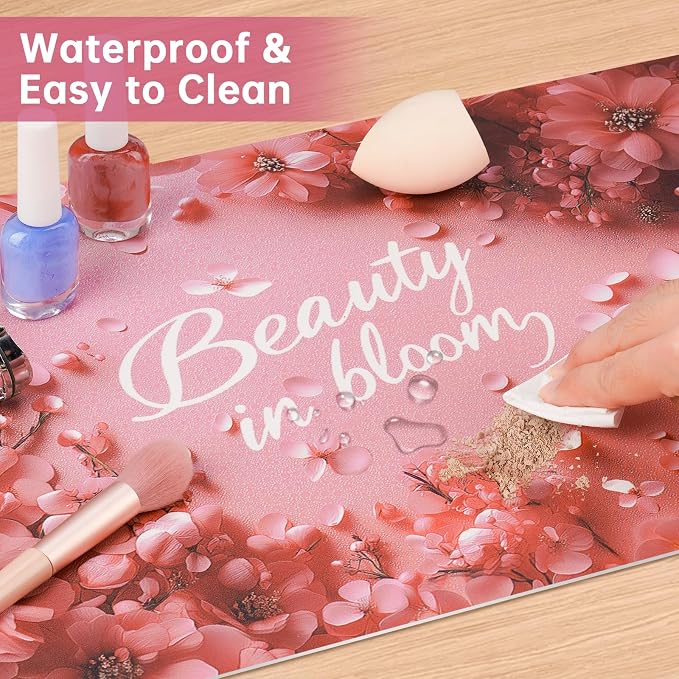 Dual-Sided Synthetic Leather Decorative Makeup Mat for Crafting, Furniture Protection, Scratch & Stain Resistant Surface Desk Pad, Waterproof Easy to Clean Vanity Protector (Floral White)