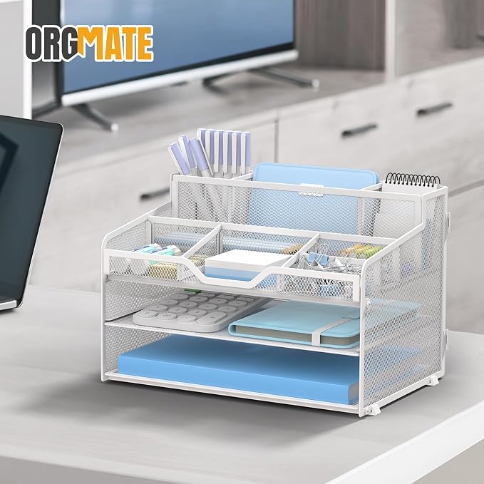 3 Tier Mesh Paper Desk Organizer with Pen Holders, White | Features 3 pen holders, and 5 adjustable compartments for office school home desk storage