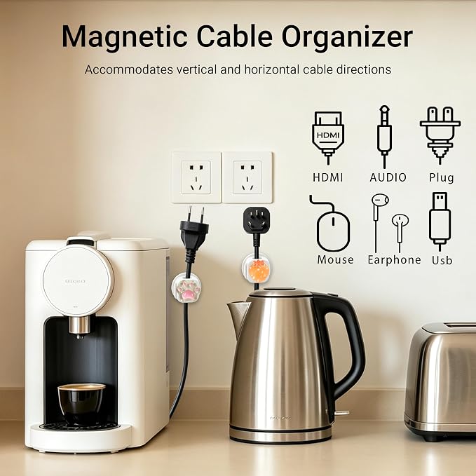 9Pack Magnetic Cable Clips,Night-Glowing Cord Holder,White | Cute Rotating Charger Holder,Strong Adhesive Cable Management, For Nightstand Office Car Home Desk Wall,Strawberry Star Cat