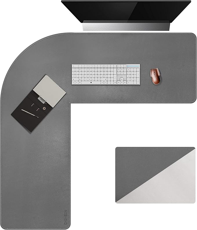Chihein L-Shaped PU Leather Desk Pad (41.3” + 41.3”) x 12.99”(Gray/White), Reversible Gaming Corner Desk Mat, Computer Office Mouse Pad for Home Office