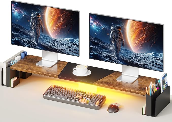 WESTREE Dual Monitor Stand Riser with Pen Holder, Computer Monitor Riser with Adjustable Angle and LED Light, Desktop Monitor Stand Riser Storage Organizer for Computer, Laptop, Printer, TV(Rustic Brown)