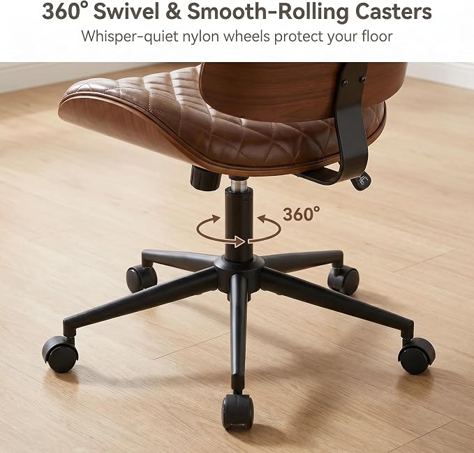 Furnimart Wooden Armless Desk Chair with Wheels, 360° Swivel Faux Leather Vanity Chair for Bedroom, Small Office Computer Task Chair for Home & Compact Spaces (PU Brown)