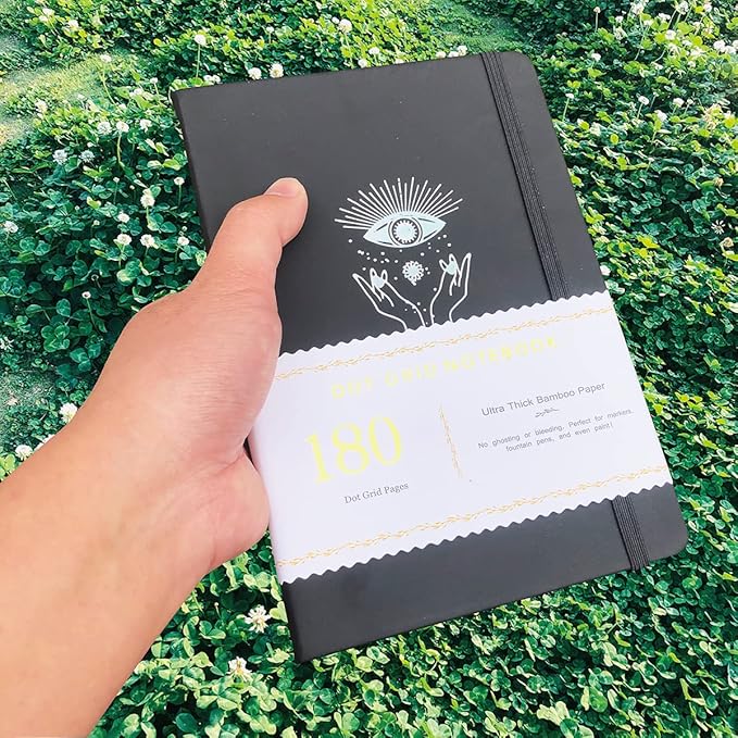 BUKE Dotted Notebook Journal 180GSM Bamboo Thick White Paper 160 Pages 5 * 5MM Dot Grid, Lay Flat Binding,Colored Silver Edges, Bookmarks and Expandable Back Pocket (BKP-9)
