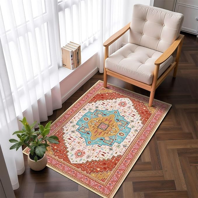 Macgace 2x3 Orange Pink Small Area Rug for Entryway, Soft Washable Rugs with Non-Slip Backing for Bedroom Kitchen, Vintage Throw Carpet Laundry Entry Front Front Door Decor