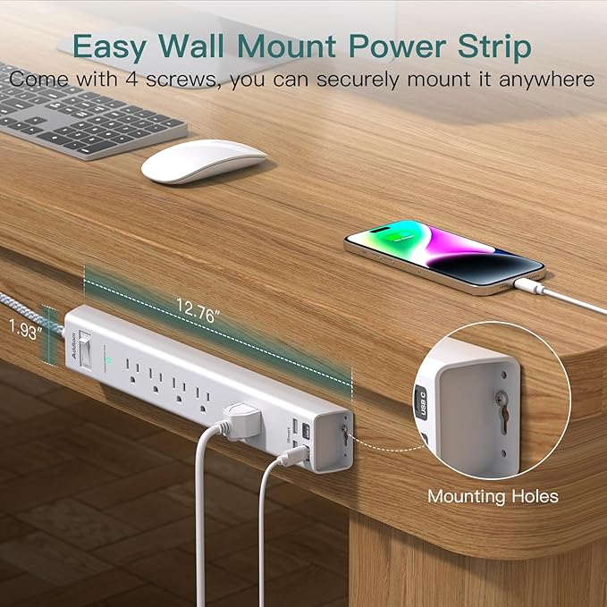 2 Pack Power Strip Surge Protector - 5 Widely Spaced Outlets 4 USB Charging Ports, 1875W/15A with 6Ft Braided Extension Cord, Flat Plug, Overload Surge Protection, Wall Mount for Home Office,White