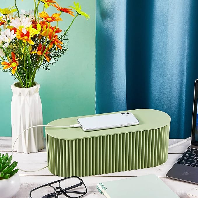 2 Pcs Cable Management Box, Fits Most Power Sockets, 11.8x5.1x4.3 in | Hides Cords & Power Sockets, Bamboo Lid, Beige & Black Options, Includes 48 Accessories, Home Office Desk or Floor Use