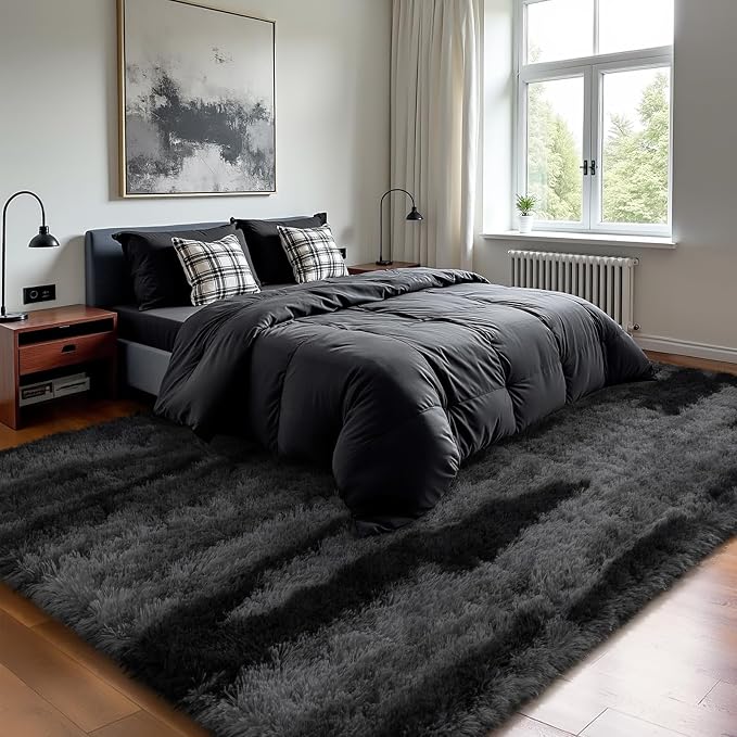 HOMORE 4x6 Area Rug for Bedroom, Black and Grey Fluffy Shaggy Rugs for Living Room, Gradient Abstract Rugs for Kids Boys Girls Room, Plush Rug for Dorm Home Floor Decor